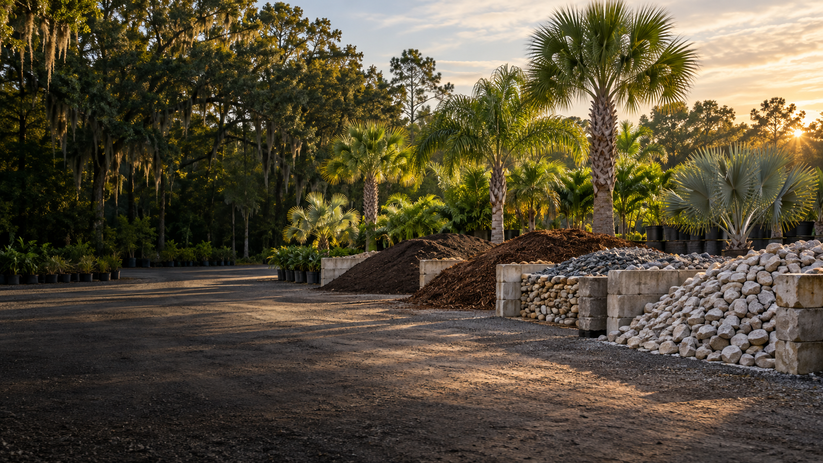 Landscape rocks, mulch, soil and palm trees at a supply yard